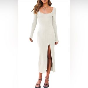 NWT Long Sleeve Square Neck Slit Bodycon Sweater Ribbed Knit Maxi Dress (S)